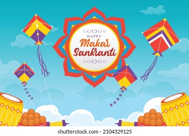 Happy Makar Sankranti Illustration kreativ. Farbiger Drachen und Laddu.