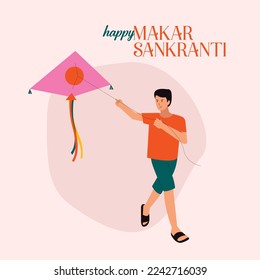 Feliz deseo del festival indio Makar Sankranti. Niño indio volando cometa. 