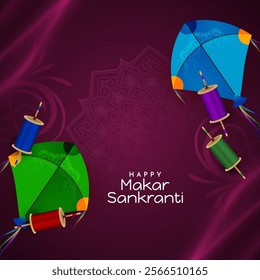 Happy Makar Sankranti Indian festival card with colorful kites vector