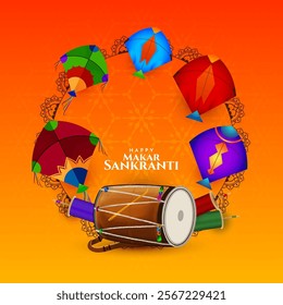 Happy Makar Sankranti Indian festival card with dhol and kites design vector