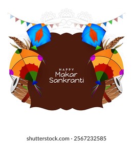 Happy Makar Sankranti Indian festival greeting card with kites and dhol vector