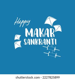 Happy Makar Sankranti. Indian Hindu festival with Kite flying, city skyline background	
