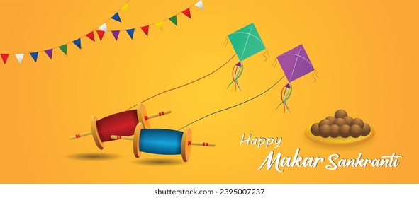 happy makar sankranti indian kite festival with sweets vector poster