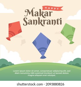 Feliz Makar Sankranti con decoración de cometas y fondo natural