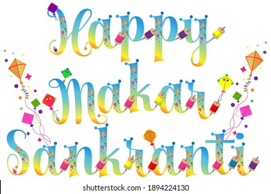 Happy Makar Sankranti. Kite Festival wordart. Kite flying event. Evening sky gradient characters with kites. Indian festival sankranti greeting vector. Illustration stock.