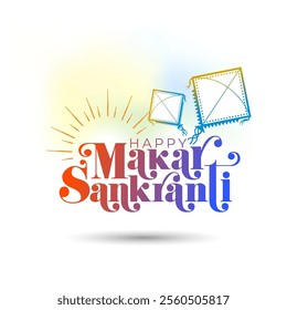 Happy Makar Sankranti for Kite festival of India. Holiday greeting card, logo unit, promo, typo, post, banner concept background.