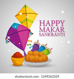 happy makar sankranti with kites and food