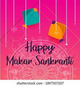 Happy Makar Sankranti Occasion card with bright background and kites on front and mandala at backdrop	