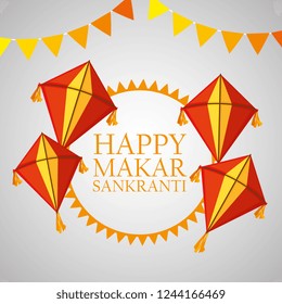happy makar sankranti with party banner and kites
