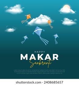 Herzlichen Glückwunsch an Makar Sankranti Post. Makar Sankranti Festival Hintergrund mit fliegenden Drachen. Minimal Makar Sankranti Grußkarte und Vorlage für Flyer Vektorgrafik