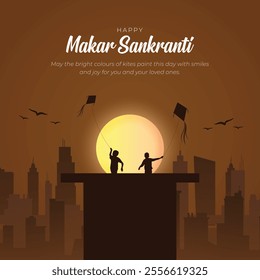 Happy Makar Sankranti Post and Greeting Card. Festival of Kites Celebration. Indian Festival Makar Sankranti Poster Background Vector Illustration