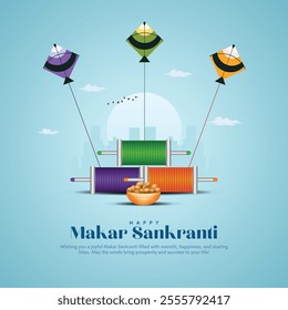 Happy Makar Sankranti poster with colorful kite string for festival of India. abstract vector illustration design.