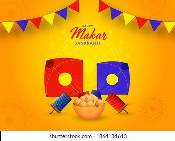Happy Makar Sankranti Poster Design With Kites, String Spools, Indian Sweet (Laddu) Bowl On Orange Mandala Pattern Background.