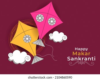 Happy Makar Sankranti Poster Design With Two Kites, Clouds On Pink Swirl Pattern Background.