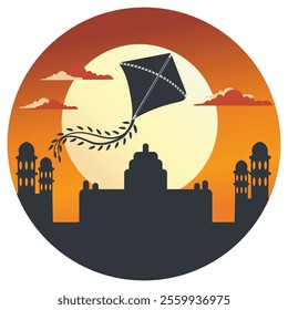 Happy Makar Sankranti Poster Design with Kite, Silhouette Building on Sun Background.