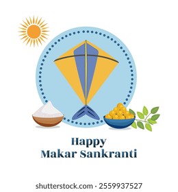 Happy Makar Sankranti Poster Design with Kite, Indian Sweet (Laddu), Rice or Flour Bowl and Sun on White Background.