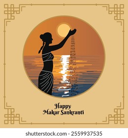 Happy Makar Sankranti Poster Design with Indian Woman Offering Water to Sun God in River (Ganga) Illustration.