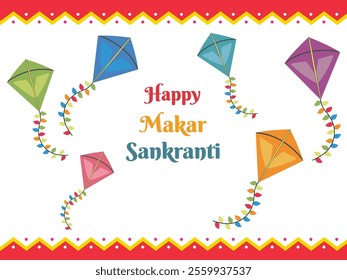 Happy Makar Sankranti Poster Design with Colorful Kites Flying on White Background.