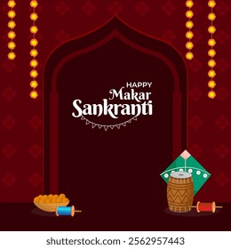 Happy Makar Sankranti Poster Design with Kite, String Spool, Dhol (Drum), Indian Sweet (Laddu) and Floral Garland Decorated on Burnt Red Background.