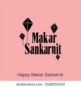  Happy Makar Sankranti poster design with group of colorful kites flying cloudy sky. vector illustration design