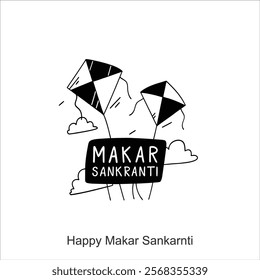  Happy Makar Sankranti poster design with group of colorful kites flying cloudy sky. vector illustration design