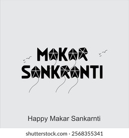  Happy Makar Sankranti poster design with group of colorful kites flying cloudy sky. vector illustration design