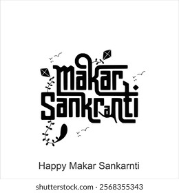  Happy Makar Sankranti poster design with group of colorful kites flying cloudy sky. vector illustration design