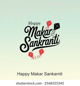  Happy Makar Sankranti poster design with group of colorful kites flying cloudy sky. vector illustration design