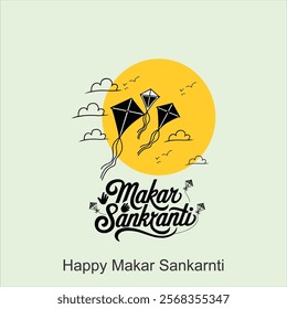  Happy Makar Sankranti poster design with group of colorful kites flying cloudy sky. vector illustration design