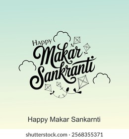  Happy Makar Sankranti poster design with group of colorful kites flying cloudy sky. vector illustration design