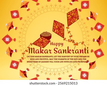 Happy Makar Sankranti poster with flying kites and ladoo in yellow background and red typography, Vector illustration.