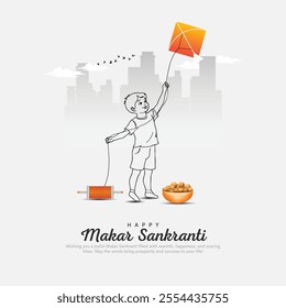 Happy Makar Sankranti poster with line art boy and kite string for festival of India. abstract vector illustration design