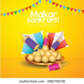 Happy Makar Sankranti With Realistic Flying Colorful Kites And String Spools On White Background For Makar Sankranti Festival.