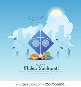 Happy Makar Sankranti With Realistic Flying Colorful Kites And String Spools On Blue Background For Makar Sankranti Festival.