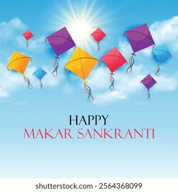 Happy Makar Sankranti With Realistic Flying Colorful Kites And String Spools On Blue Background For Makar Sankranti Festival.