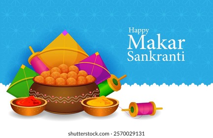 Happy Makar Sankranti religious festival of India celebration background. Vector illustration
