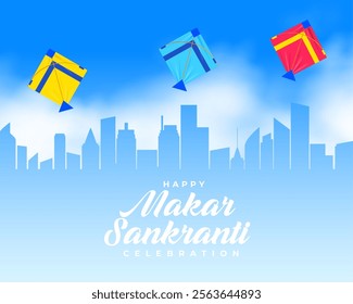 happy makar sankranti skyline background with flying kites vector