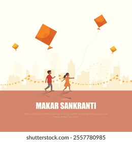 Happy Makar Sankranti Social Media Post and Greeting Card. Makar Sankranti Festival of Kites Celebration. Indian Festival Makar Sankranti Poster Background Vector Illustration.