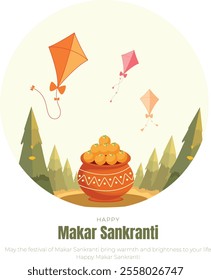 Happy Makar Sankranti Social Media Post and Greeting Card. Makar Sankranti Festival of Kites Celebration. Indian Festival Makar Sankranti Poster Background Vector Illustration.