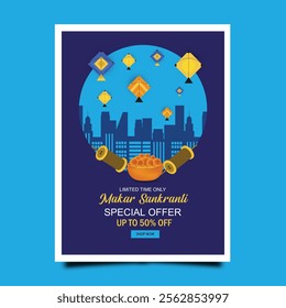 Happy Makar Sankranti Special Offer Poster Design Template, Indian Festival Sale A4 Size Poster Design Layout Template