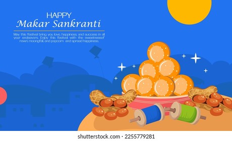 Happy Makar Sankranti with Sweets, Peanuts, Flying Colorful Kites and String Spools on Blue Background for Makar Sankranti Festival.