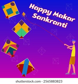 Happy Makar Sankranti text and A boy flying kite, many kites in background and four beautiful kites on left side