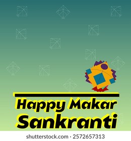 Happy Makar Sankranti text and many kites stack, many kites in background