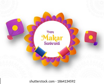 Feliz Makar Sankranti Mensajes De Texto Sobre Mandala O Marco Floral Con Spool De Cadenas E Ilustración De Cometas.