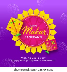 Happy Makar Sankranti Text On Mandala Frame With Kites Illustration For Celebration Concept.