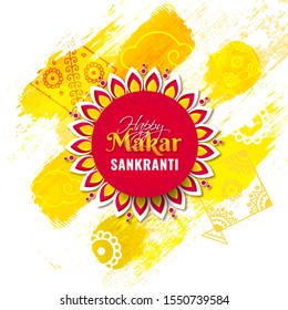 Happy Makar Sankranti text in sticker style floral frame on yellow brush stroke grunge background with kites.