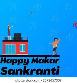 Happy Makar Sankranti text and two kids flying kites, many kites in background