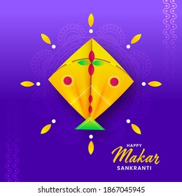 Happy Makar Sankranti Text mit gelbem Kite Illustration auf violettem Mandala-Muster Hintergrund.