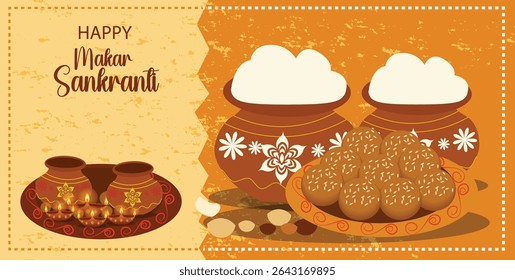Happy Makar Sankranti Vector Banner | Indian Harvest Festival Illustrations