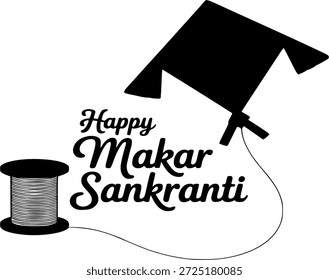 Happy Makar Sankranti vector greeting with kite and string spool, Indian harvest festival silhouette icon, Uttarayan celebration graphic, kite flying festival design element on white background